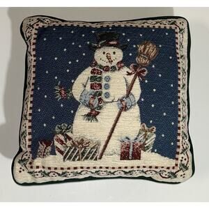 Christmas - Snowman w/ Gifts , Holly & Ribbon Border, Small Tapestry Pillow New
